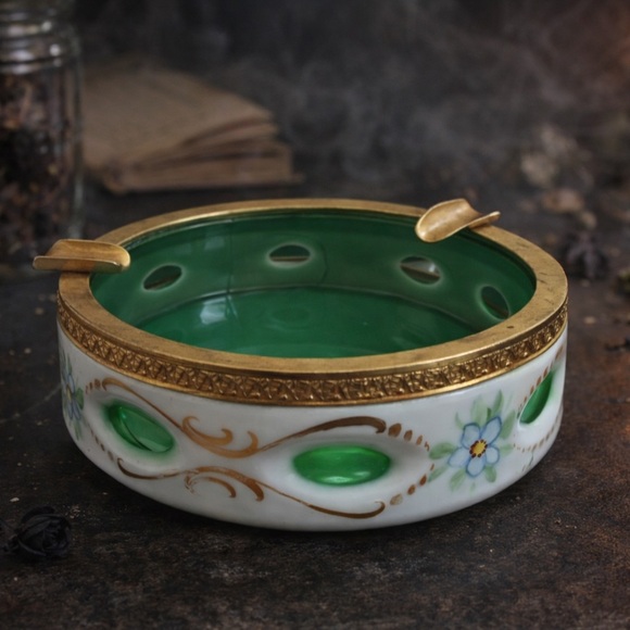 Other - Vintage Brass & Milk Glass Ashtray | Green Glass Insert | Art Deco